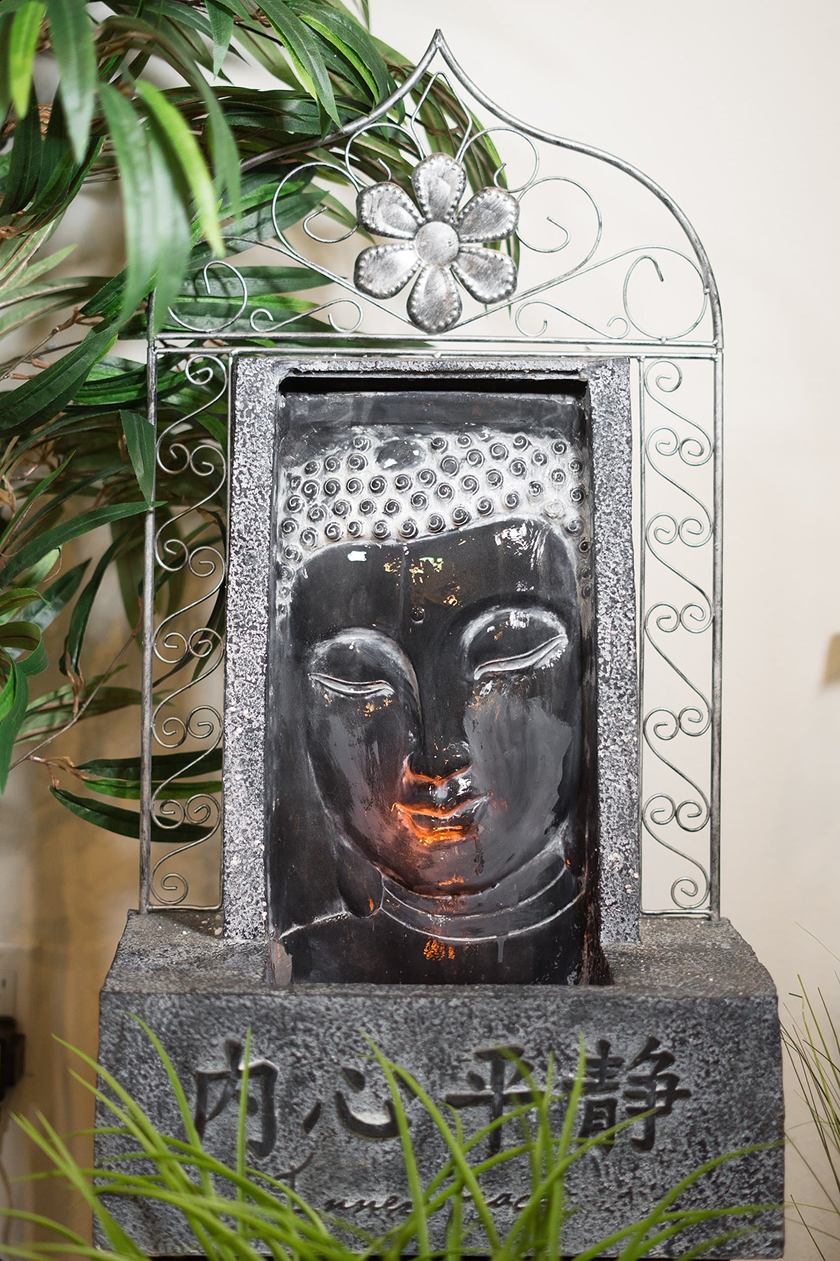 Canary Products Illuminated Face of Buddha w/LED Lights Indoor Relaxation Tabletop Waterfall Zen Fountain, 35 Inch Tall, Grey