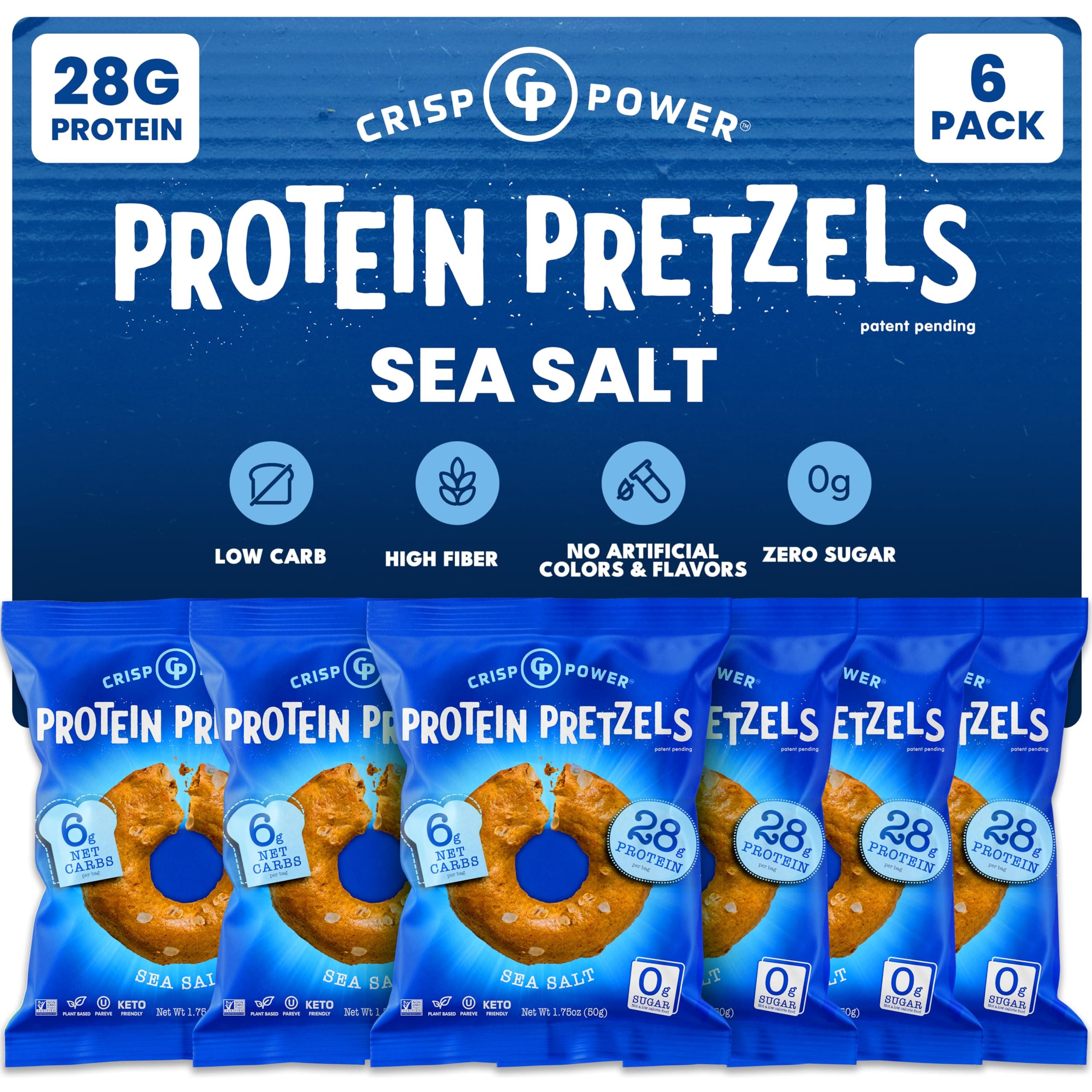 Protein Pretzels, Sea Salt, 28G Protein, High Protein Snack, High Fiber, Low Carb Crunchy Pretzel Snacks, No Added Sugar, 1.75 oz Bags, 6 Pack, Vegan, Keto