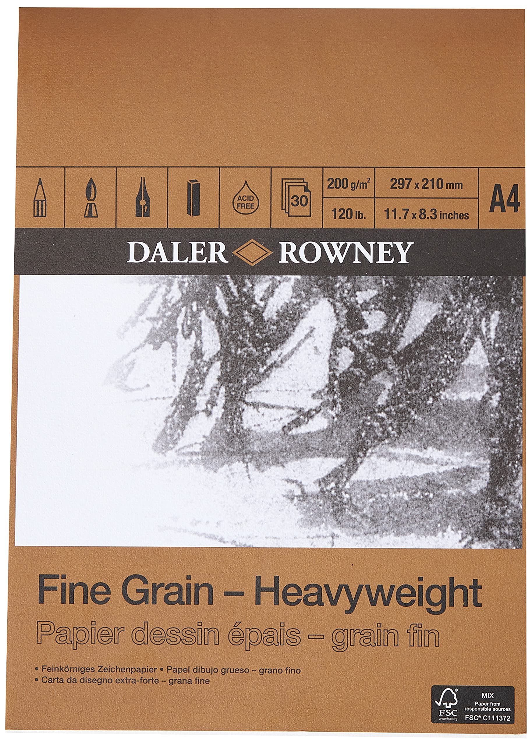 Daler-Rowney Fine Grain Lightly Textured Heavyweight 200gsm A4 Drawing Paper Pad, Glued 1 Side, Acid-free, 30 White Sheets, For Professional Artists & Students