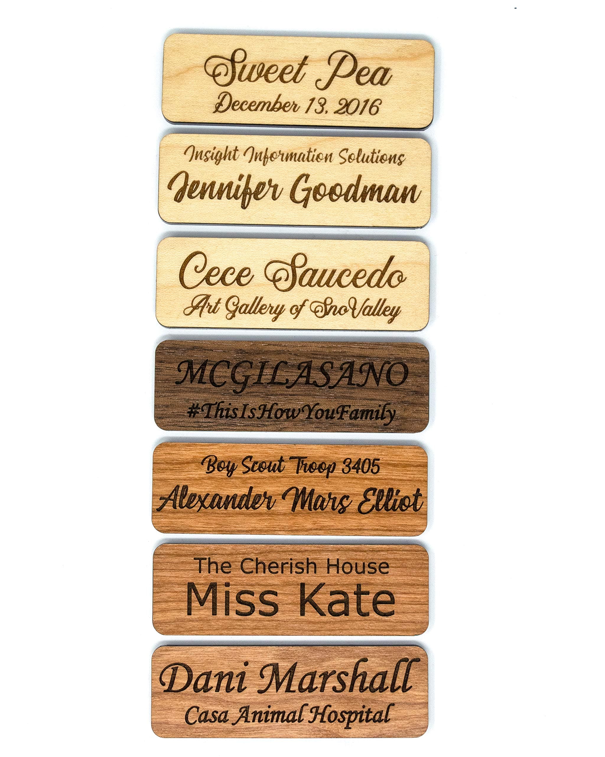Employee Name Tags (3" x 1") | Laser Engraved Custom Personalized Wood Name Tag w/Magnetic, Pin-on, or Adhesive Backing | Styles for Casual and Formal Business | Three Wood Choices! …