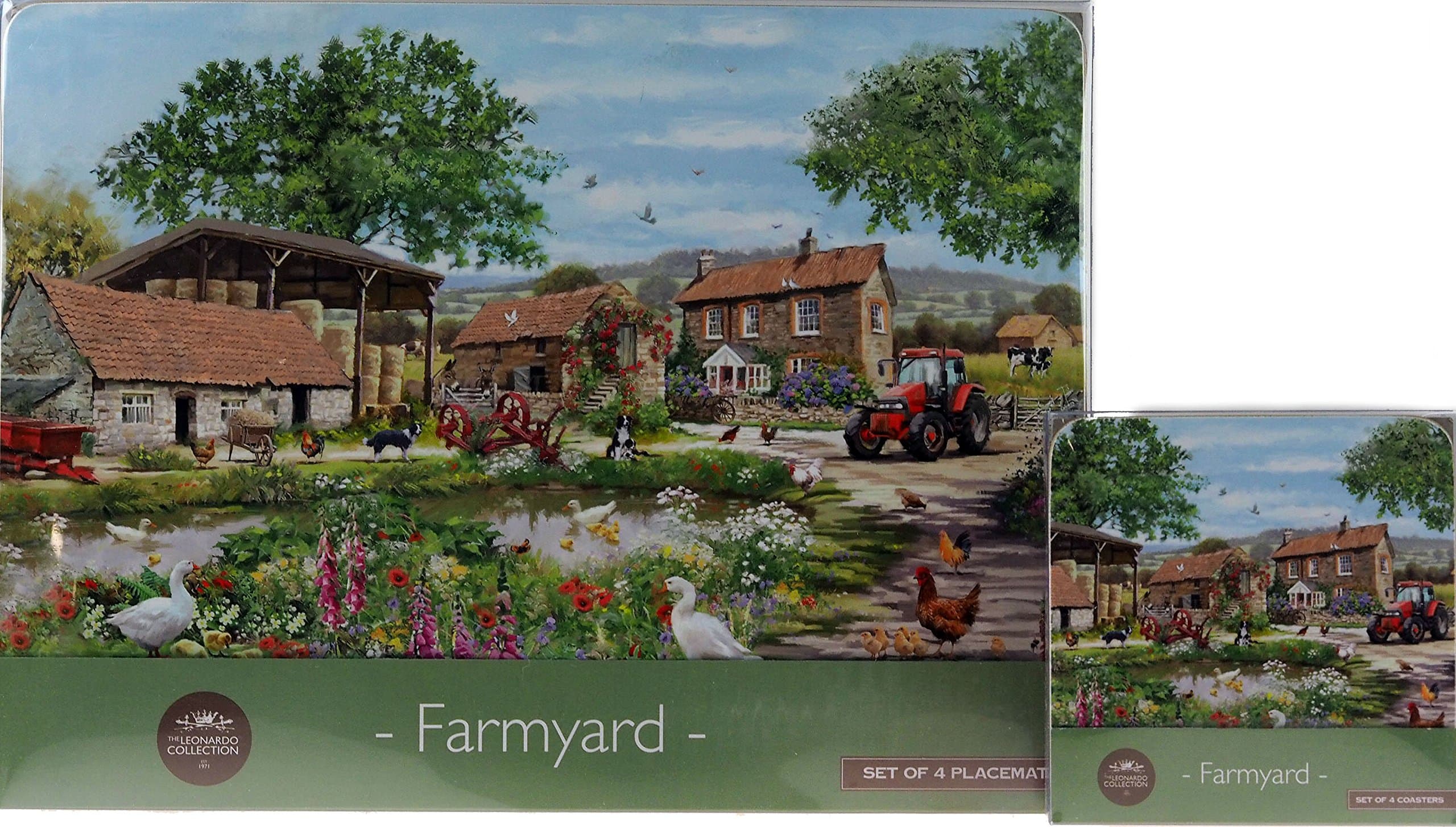 Set of 4 Vintage Farm Scene Dinner Place Mats and Coasters