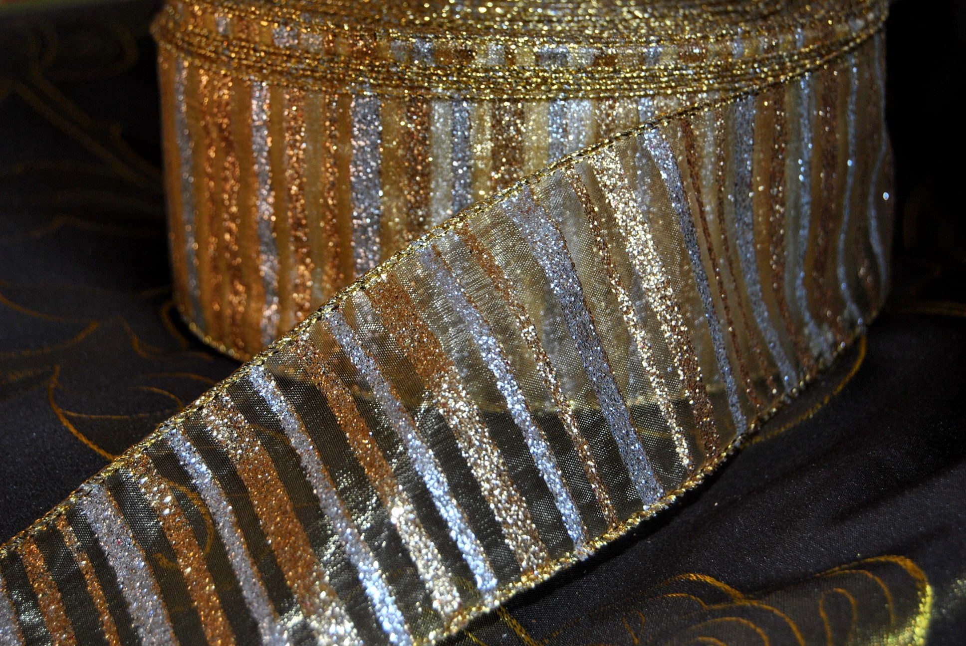 Professional Quality Wired Wire Edge Christmas Ribbon 2.5" Wreath Tree Tinsel Bow UK Stockist Over 30 Designs (Gold and Silver Banded Organza, 2m)