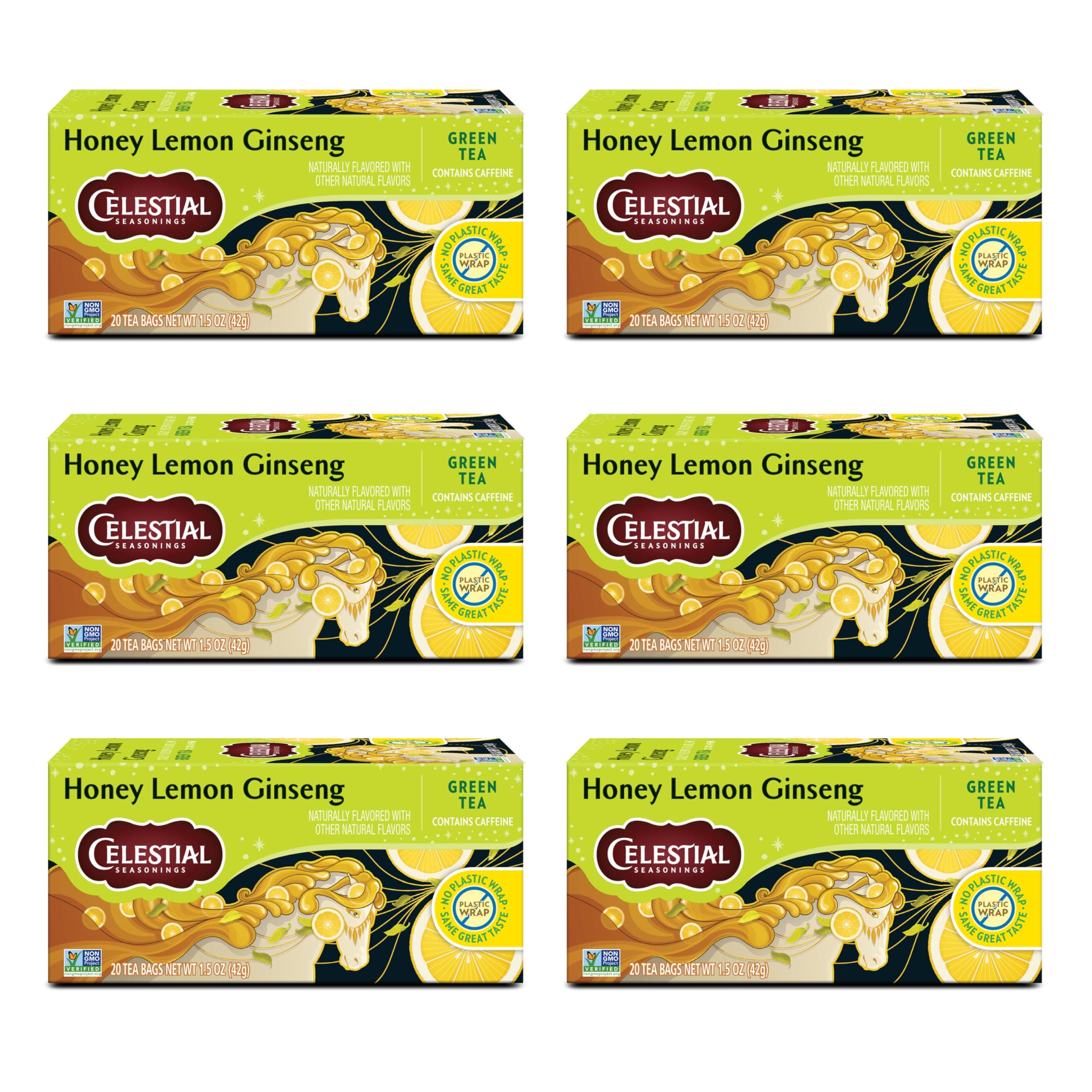 Honey Lemon Ginseng Green Tea, Caffeinated, 20 Tea Bags Box (Pack of 6)