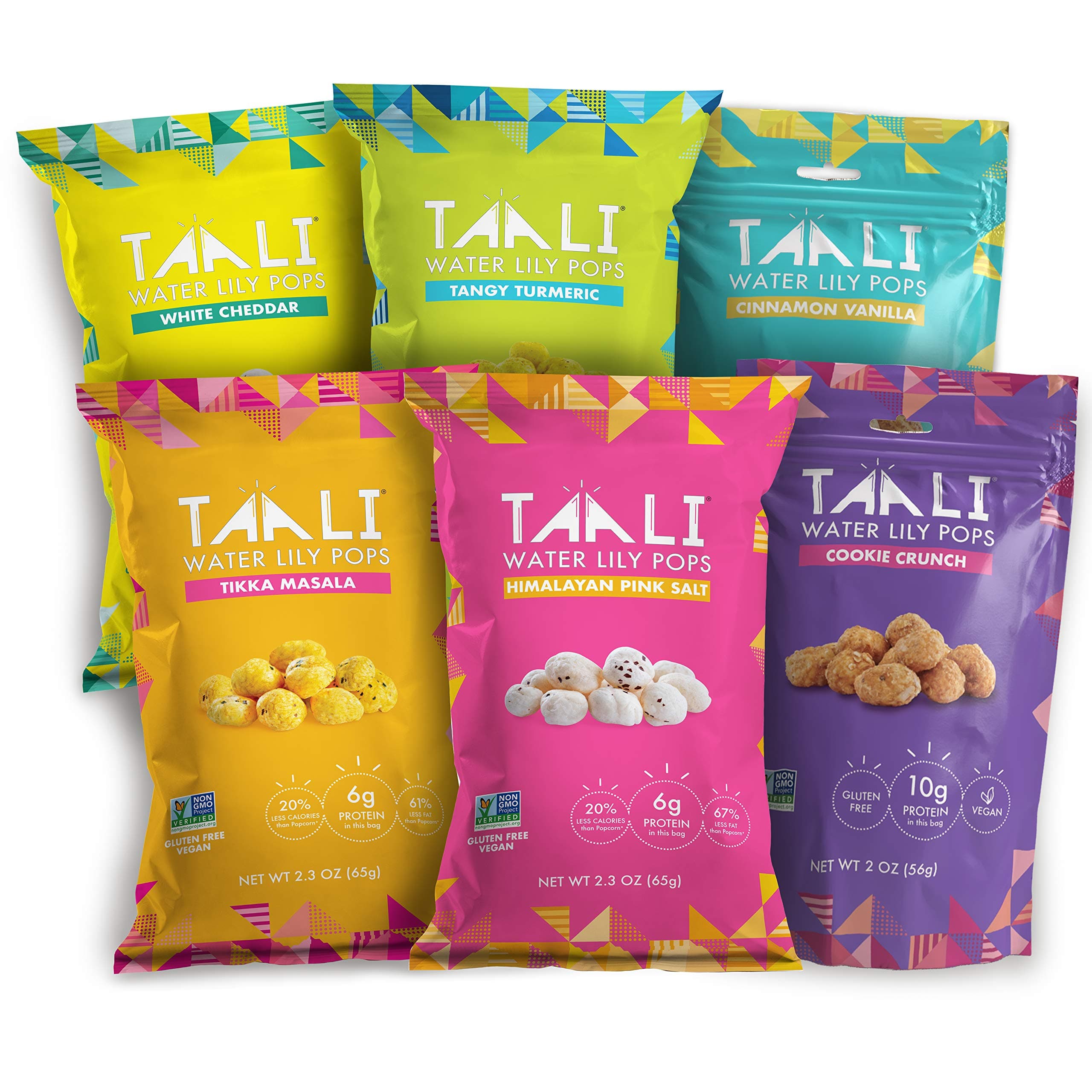 Taali Sweet & Savory Variety Water Lily Pops (6-Pack) - Roasted Fox Nuts Makhana Snack | Crunchy Indian Healthy Snacks | Protein-rich, Gluten Free, Non GMO | 2 oz/2.3 oz Multi-Serve Bags