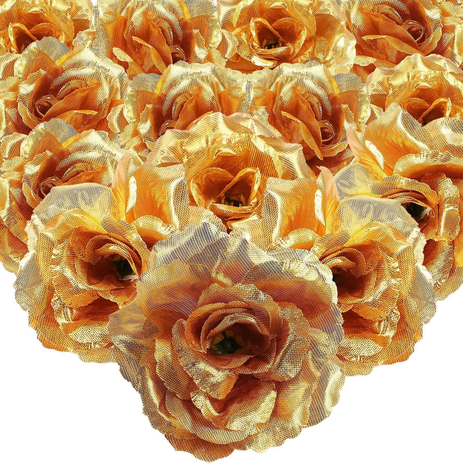 Jutom 100 Pcs Artificial Rose Flowers Head Silk Rose Head Bulk 2 Sizes Stemless Roses Silk Fake Mini Flowers for Wedding Decor Flower Wall DIY Crafts Party Decoration(Gold)