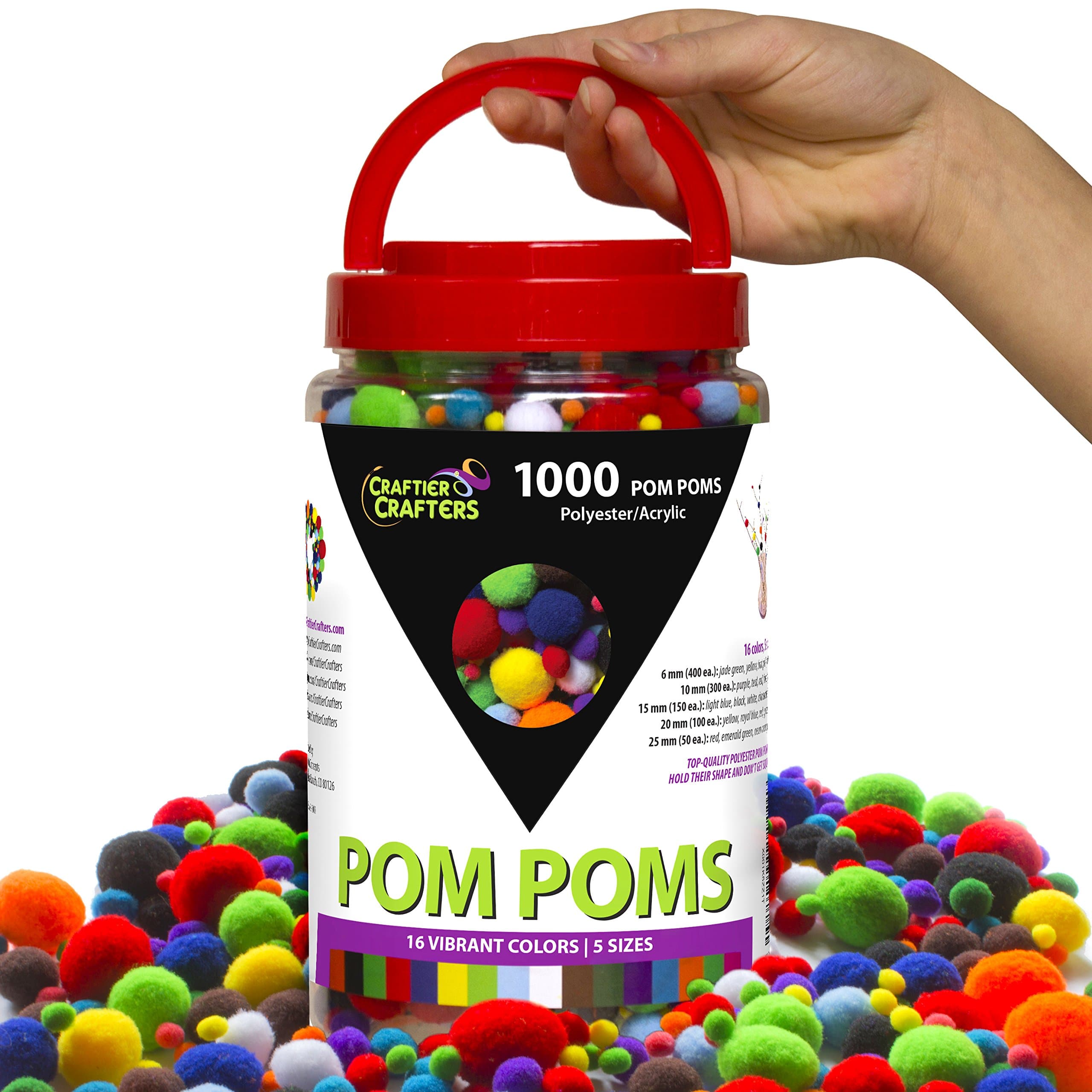 Craftier Crafters Pom Poms 1000 Pcs 16 Colors 5 Sizes in Jar