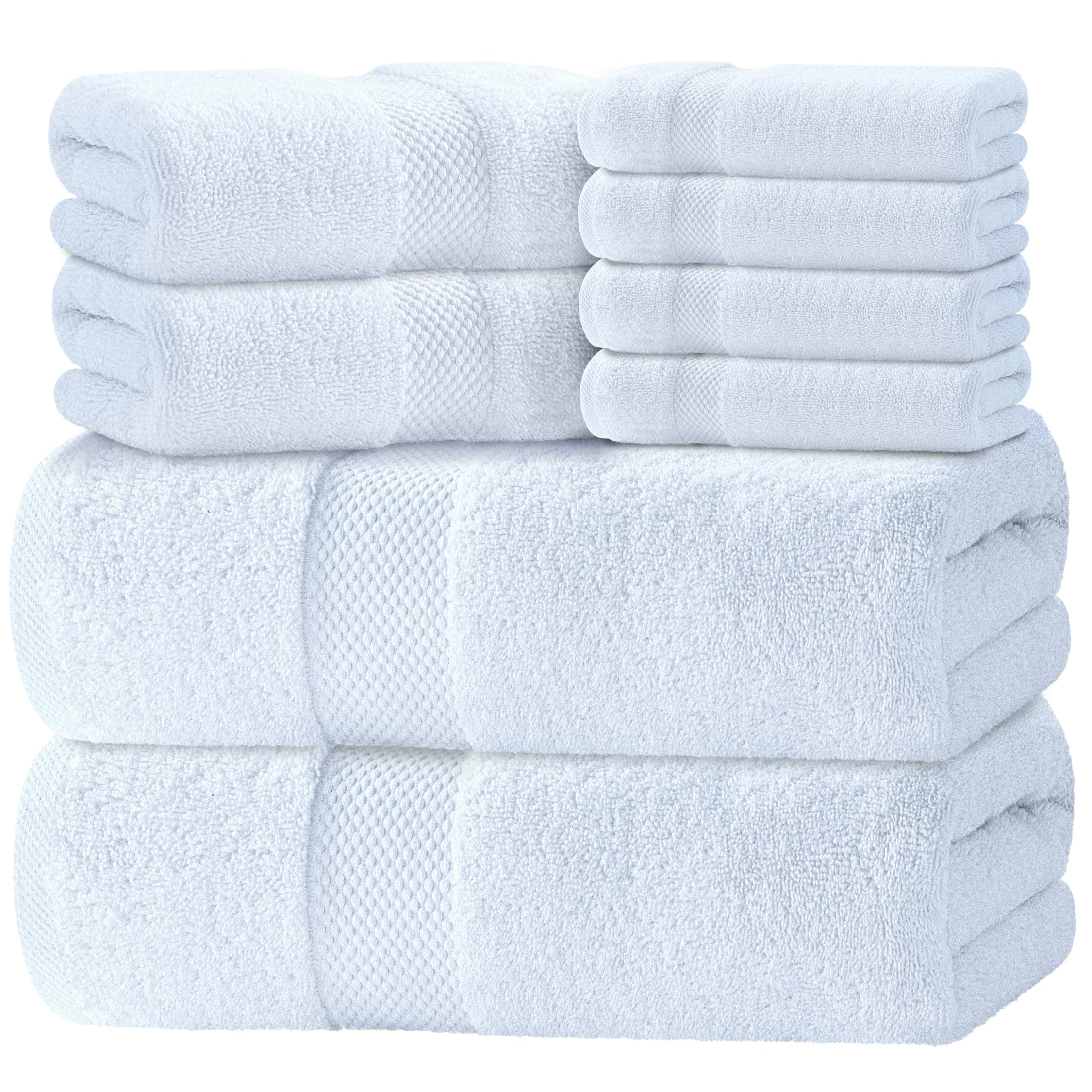 White Classic Luxury Bath Towel Set of 8 Pieces - 100% Turkish Cotton Highly Absorbent Towels for Bathroom, 2 Luxury Bath Towels 700GSM, 2 Hand Towels, 4 Washcloths - White