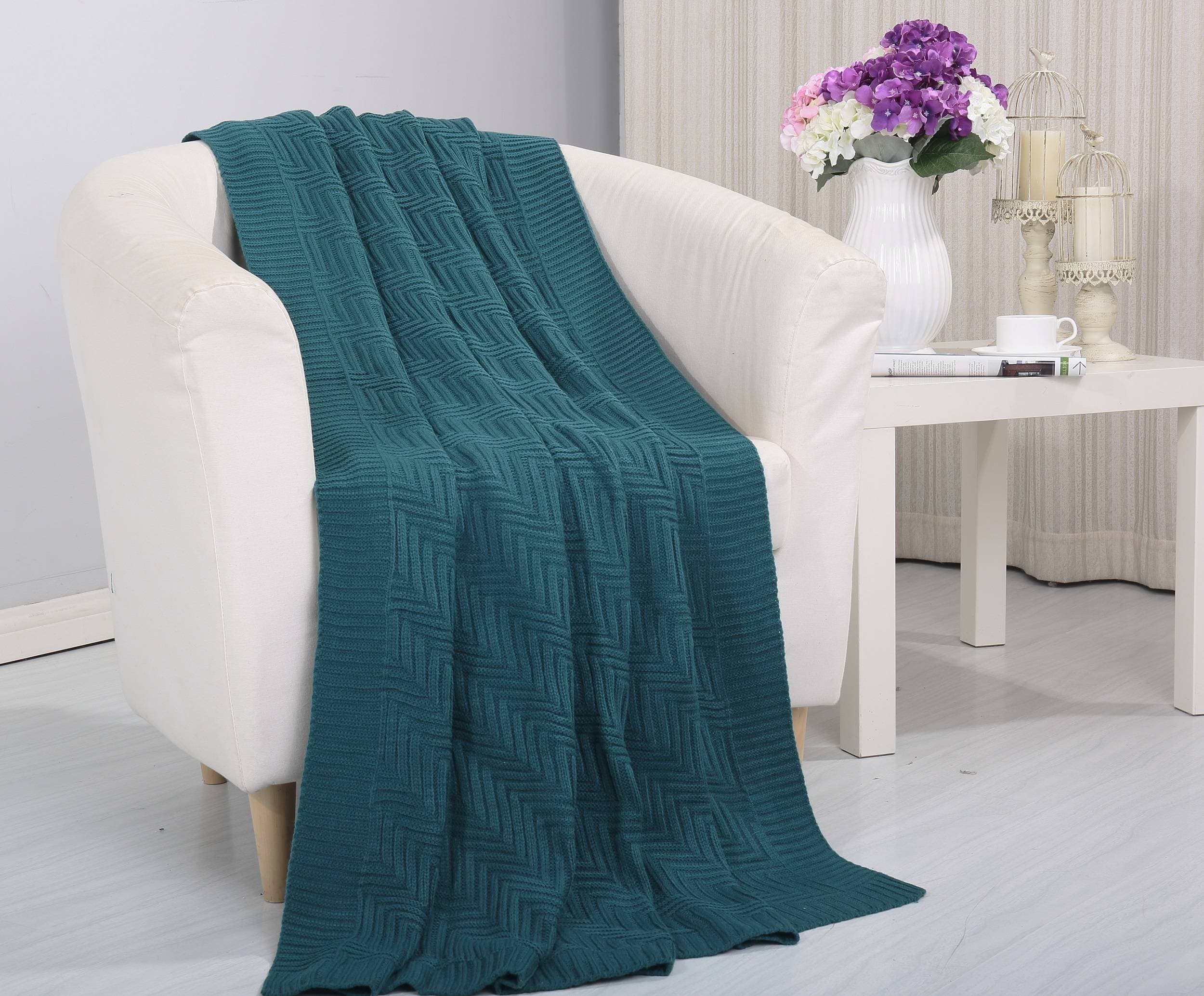 NobleHouse Soft Touch Classic Woven Knitted Throw Blanket (50" x 60") - Teal