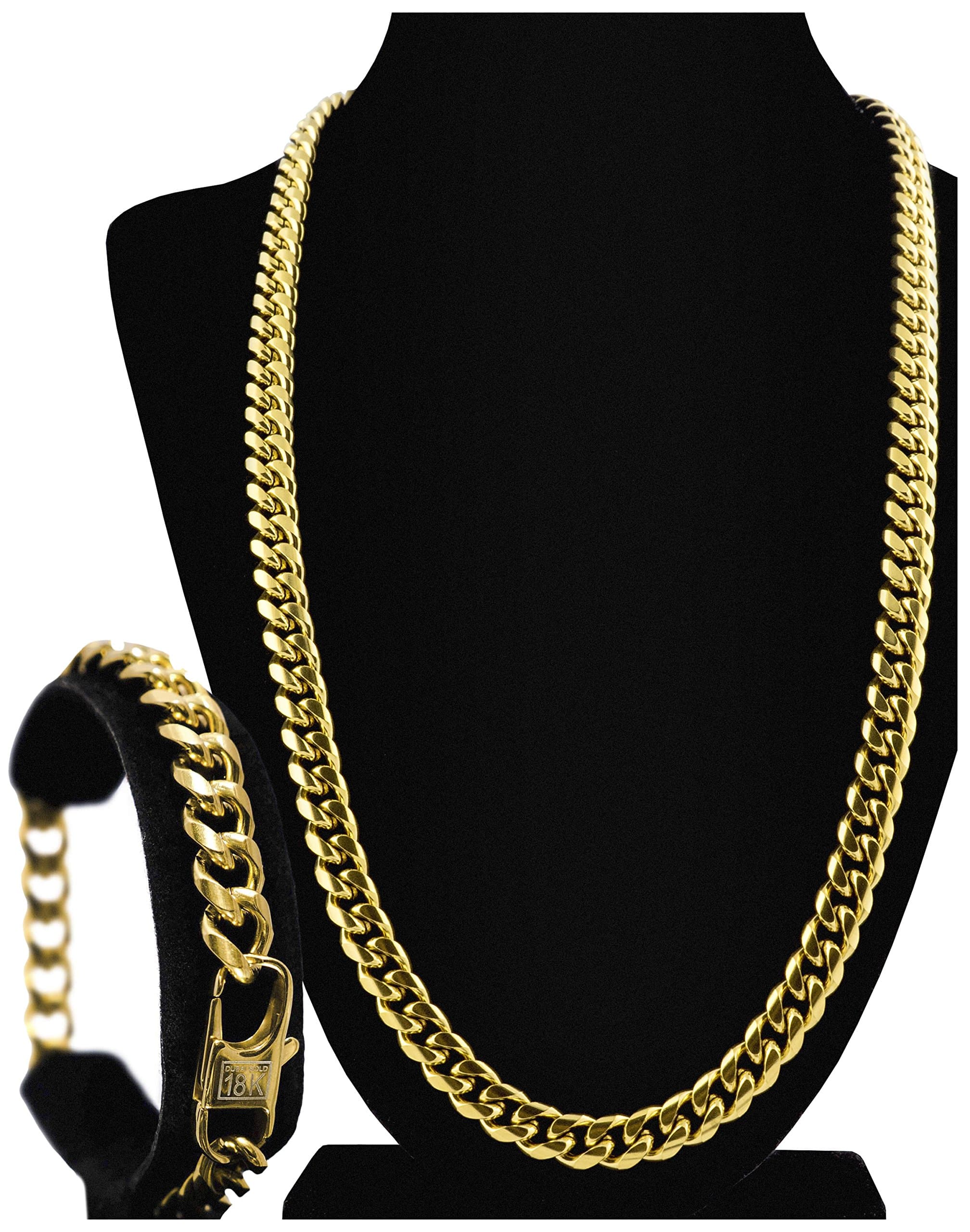 18k Gold Plated Cuban Link Chain Necklace & Bracelet Set for Men + Gift Case