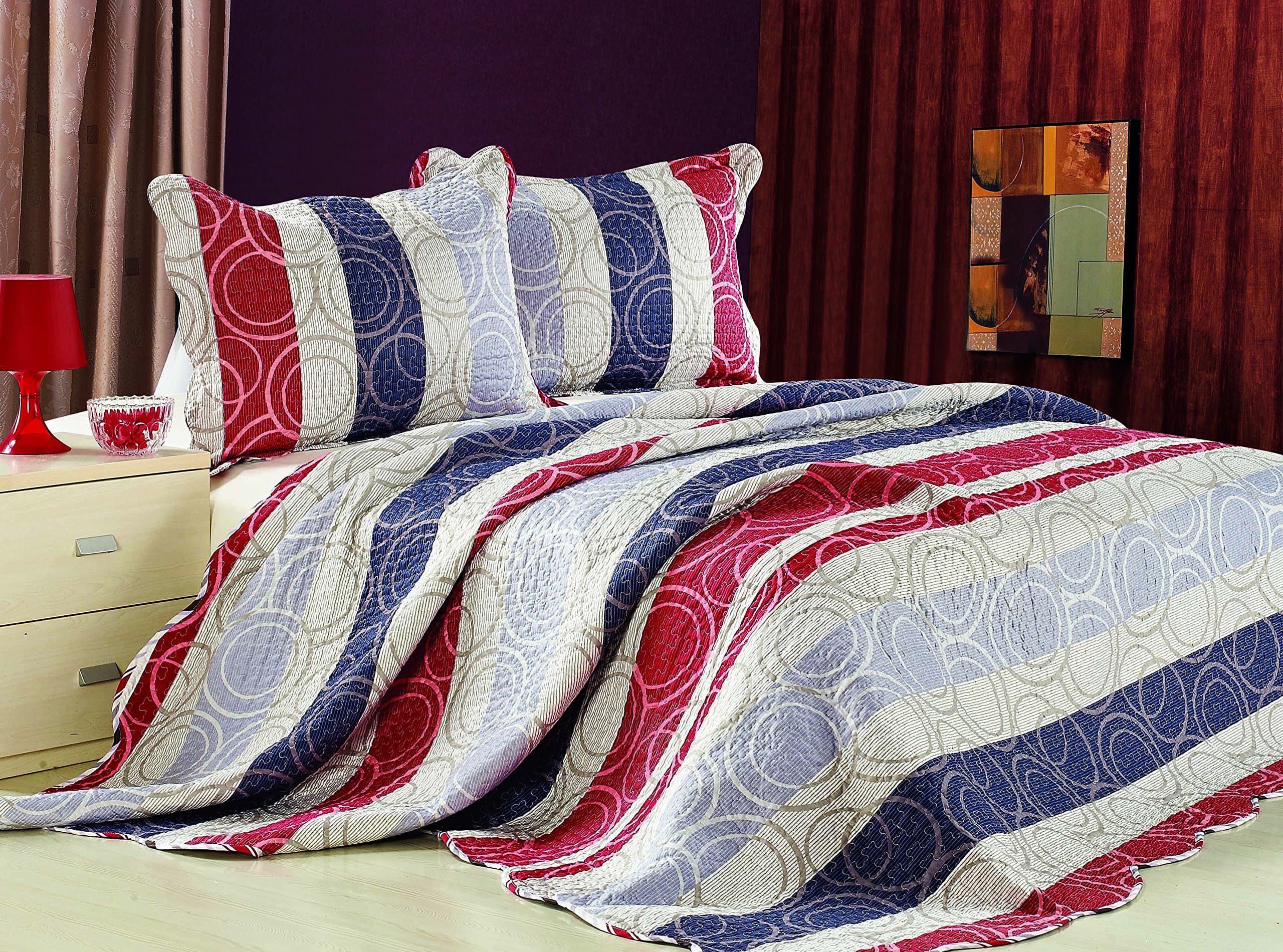 Artinen Red White Blue Stripe Bedding 3 Piece Quilt Set Bedspread, Double/Full/Queen Color Stripe Quilted Summer Blanket