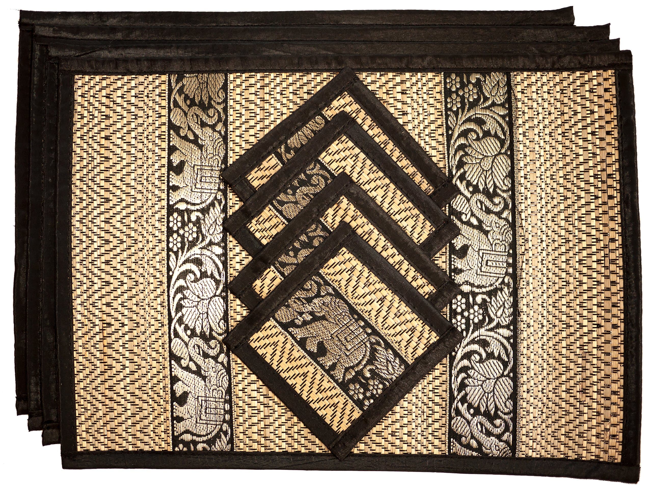 Hand-Woven Wicker Reed Placemats Coaster Set Eco-Friendly Alternative to Plastic Heat Resistant Thai Style Durable Easy to Clean for Dining Table Set of 4 (Medium, Black)