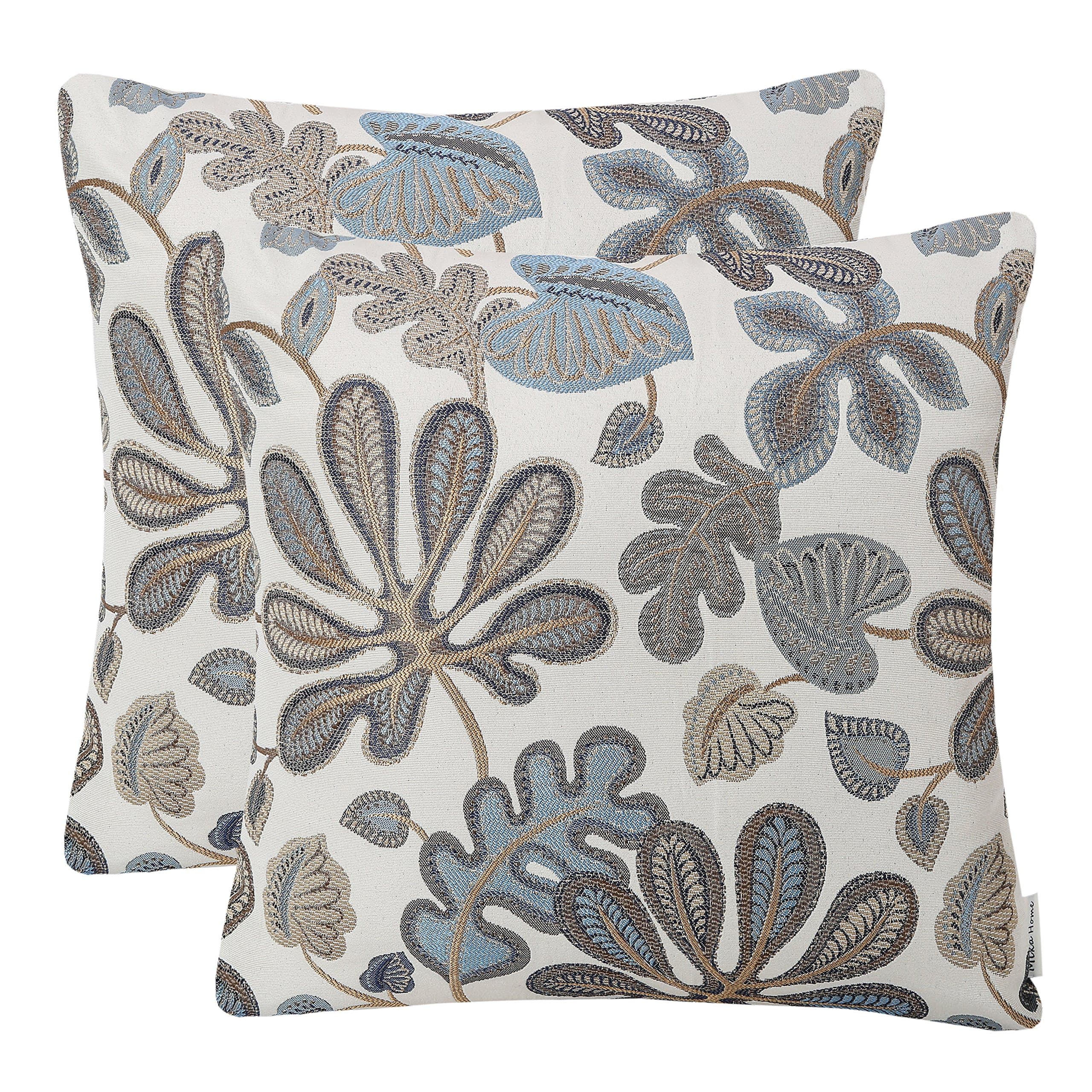 Set of 2 Jacquard Tropical Leaf Pattern Throw Pillow Covers Decorative Pillowcase 20X20 Inches,Blue Cream